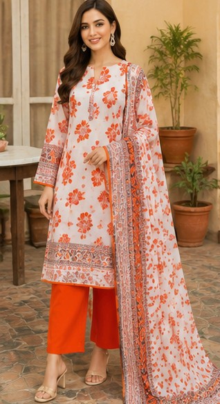 Five Star Summer Lawn 3 Piece Suit – Printed Shirt, Dupatta & Plain Trouser