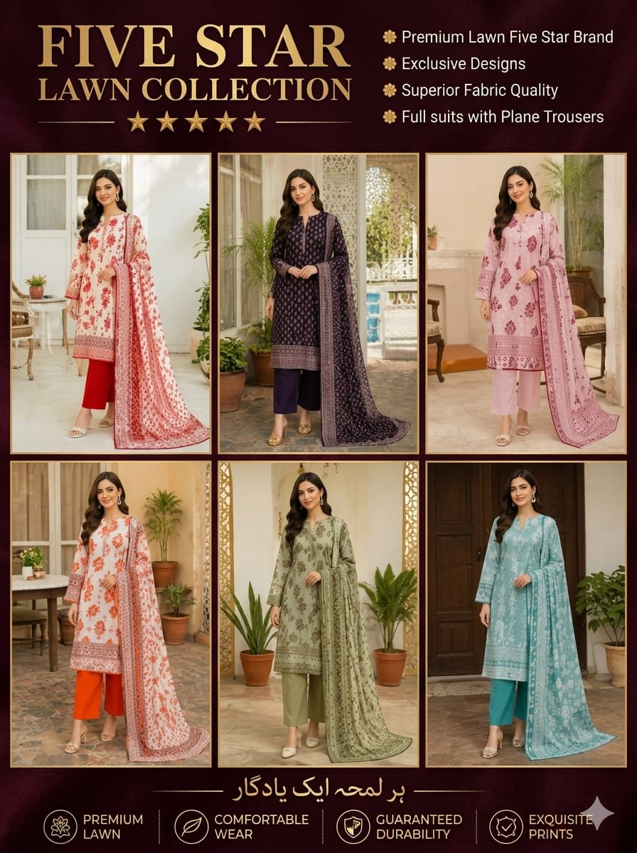 Five Star Summer Lawn 3 Piece Suit – Printed Shirt, Dupatta & Plain Trouser