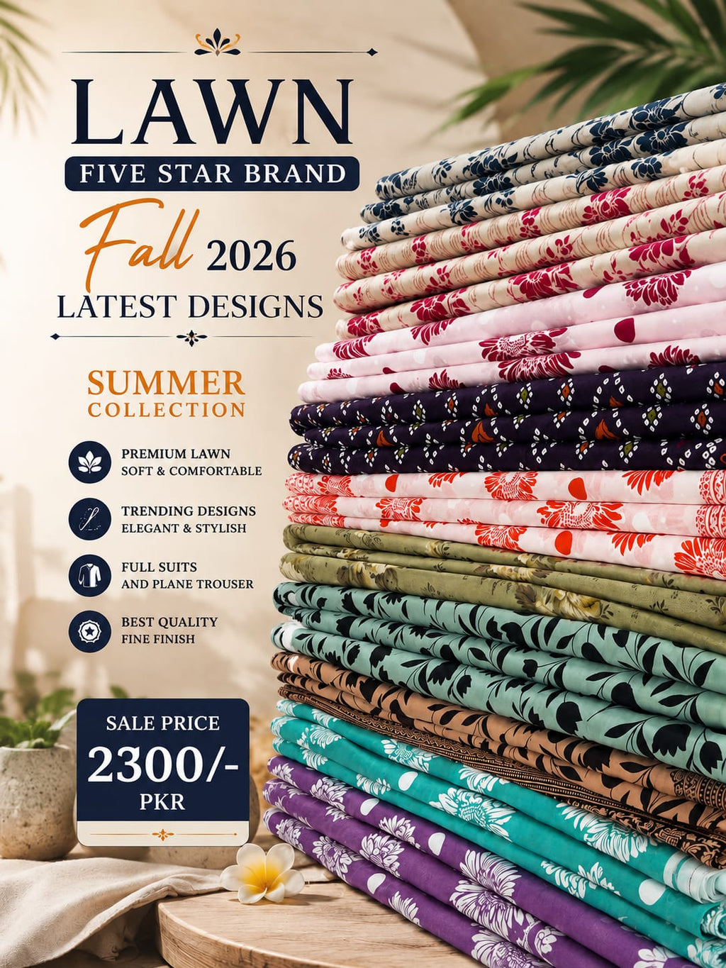 Five Star Summer Lawn 3 Piece Suit – Printed Shirt, Dupatta & Plain Trouser