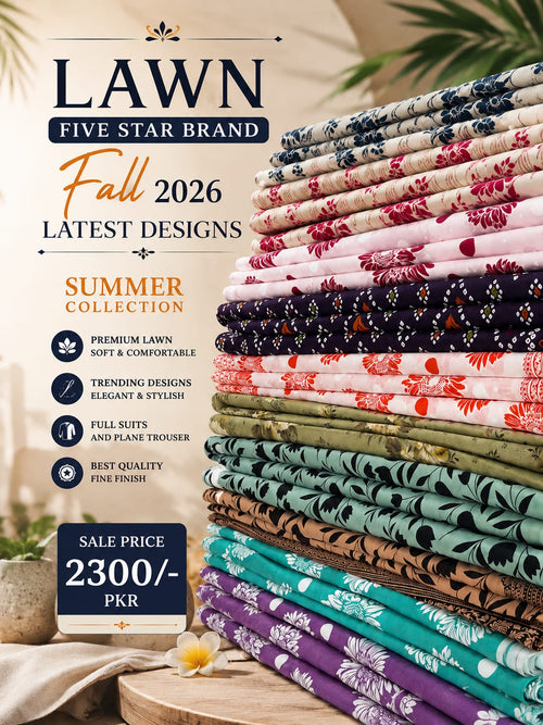 Five Star Summer Lawn 3 Piece Suit – Printed Shirt, Dupatta & Plain Trouser